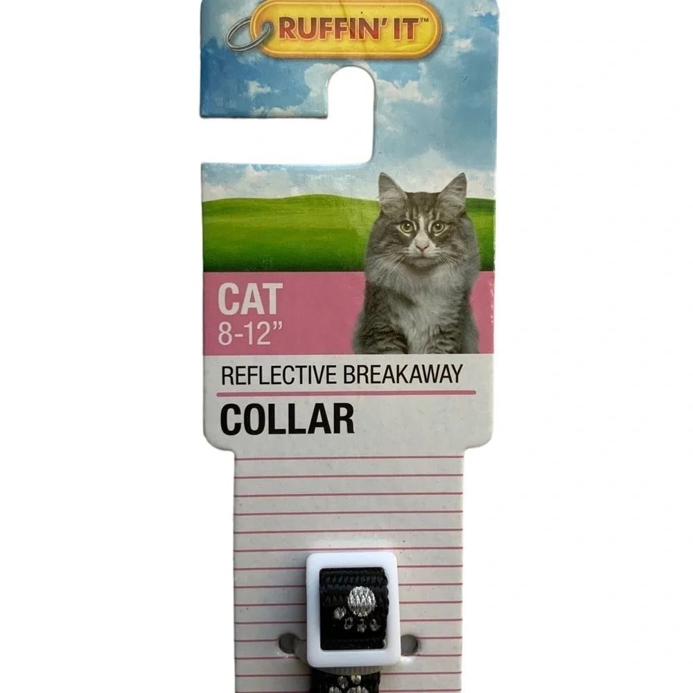 Cat Collar Reflective Adjustable Paw Print Breakaway Clasp Bell Black White 8-12
